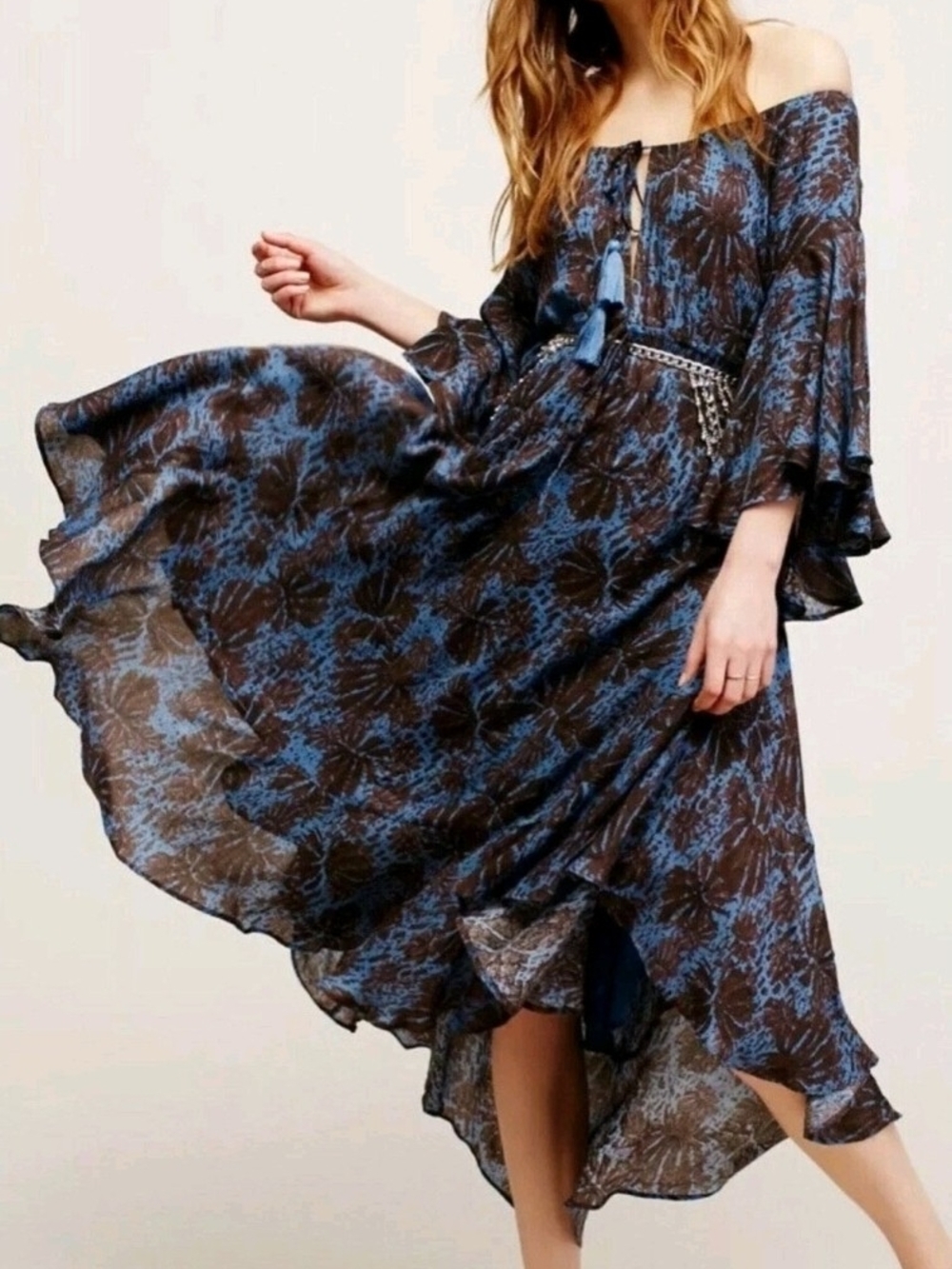 Free People "The Island Life" Off-Shoulder Blue & Brown Boho Maxi Dress